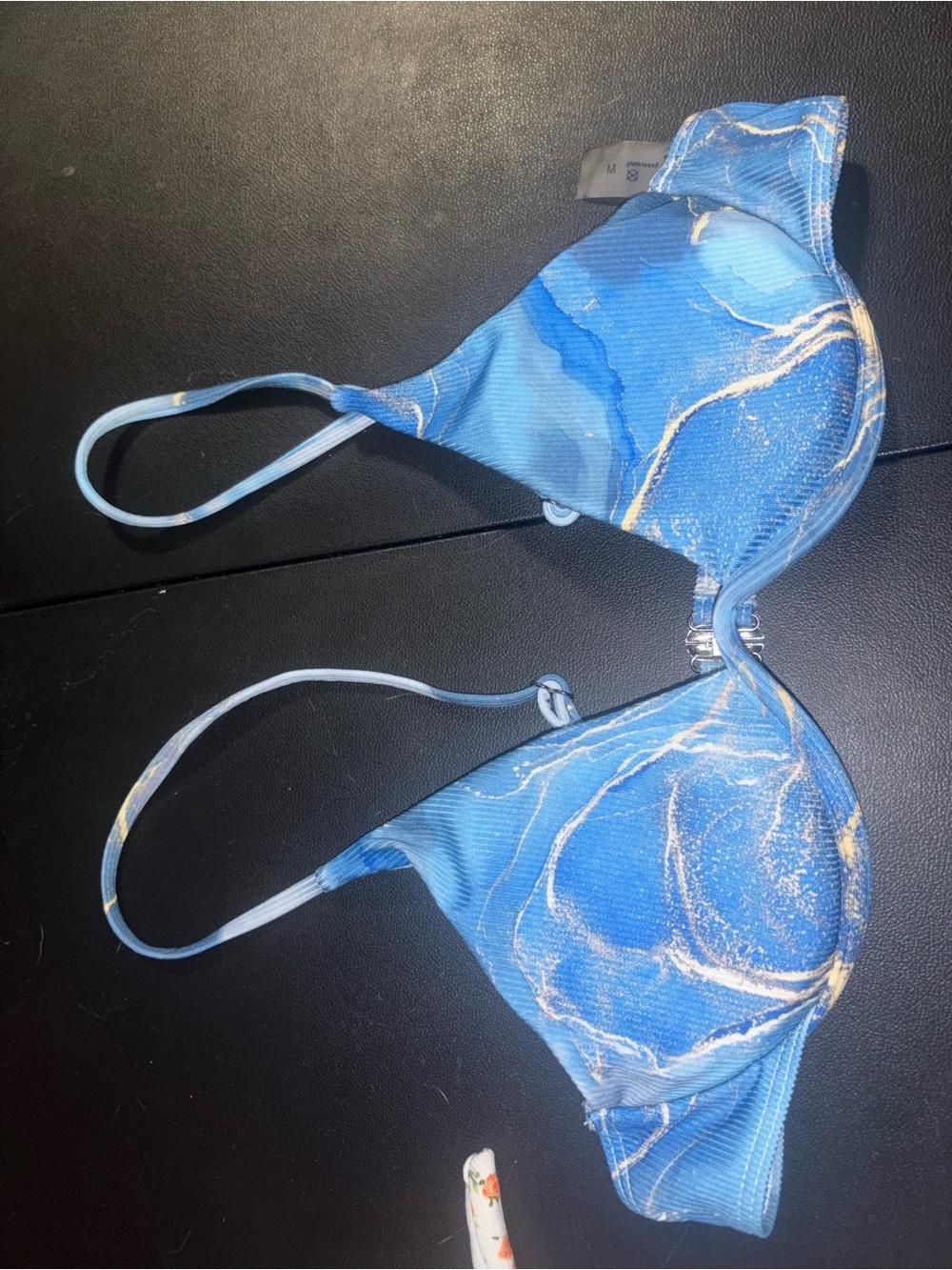 Blue Marble Print Women's Swim Bikini Top